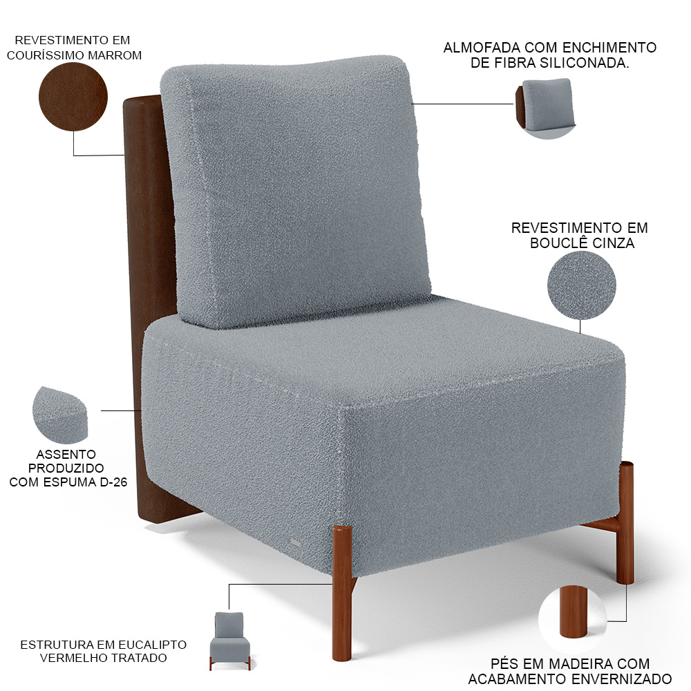 Poltrona Decorativa Sala Estar Living Pés Madeira Hungria L02 Couríssimo Marrom Bouclê Cinza - Lyam