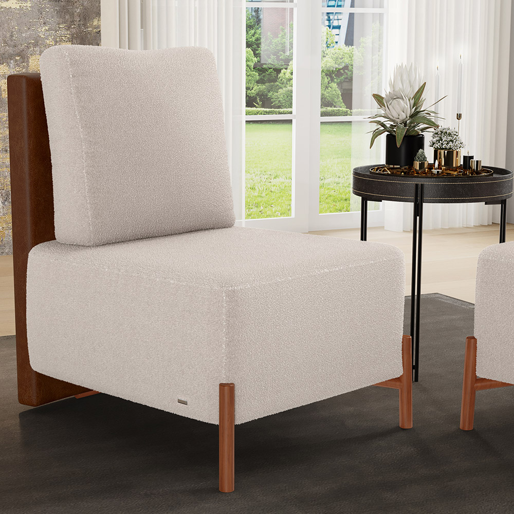 Poltrona Decorativa Sala Estar Living Pés Madeira Hungria L02 Couríssimo Marrom Bouclê Creme - Lyam