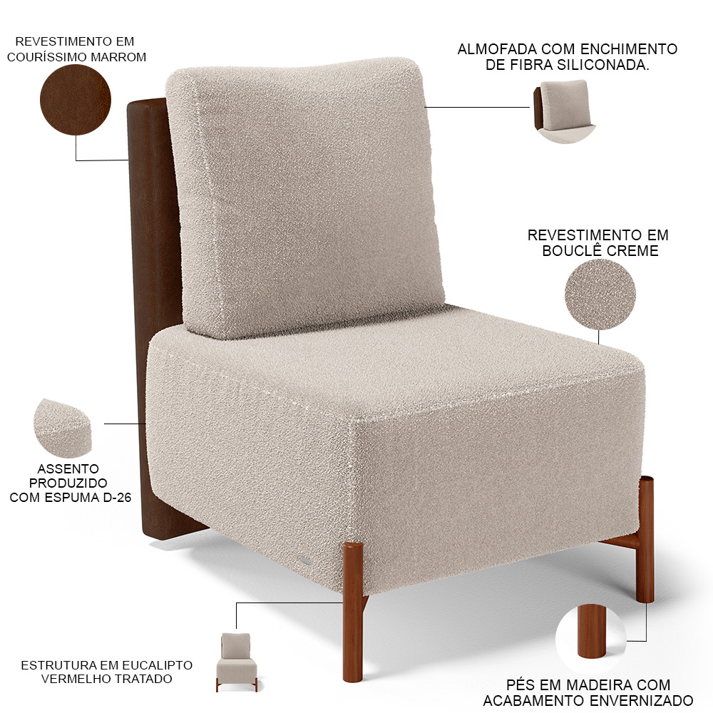 Poltrona Decorativa Sala Estar Living Pés Madeira Hungria L02 Couríssimo Marrom Bouclê Creme - Lyam
