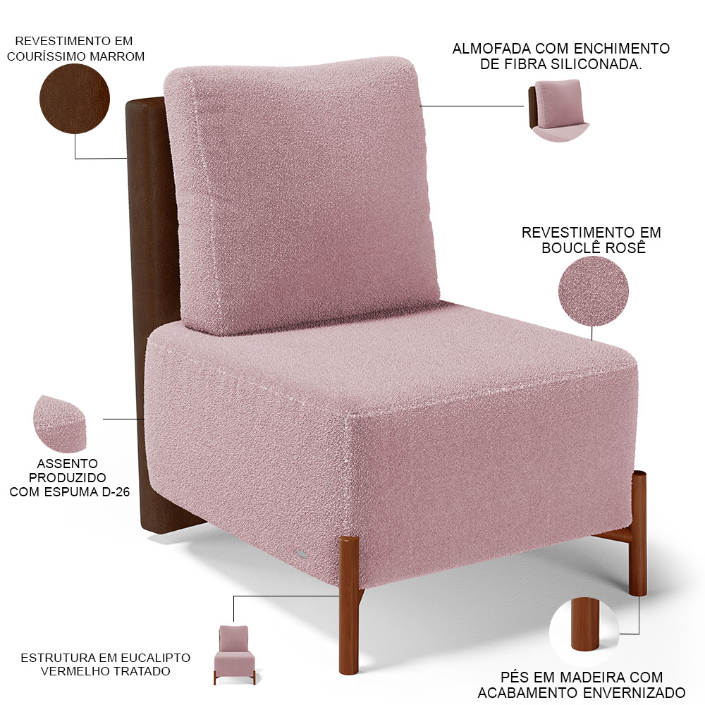 Poltrona Decorativa Sala Estar Living Pés Madeira Hungria L02 Couríssimo Marrom Bouclê Rosê - Lyam