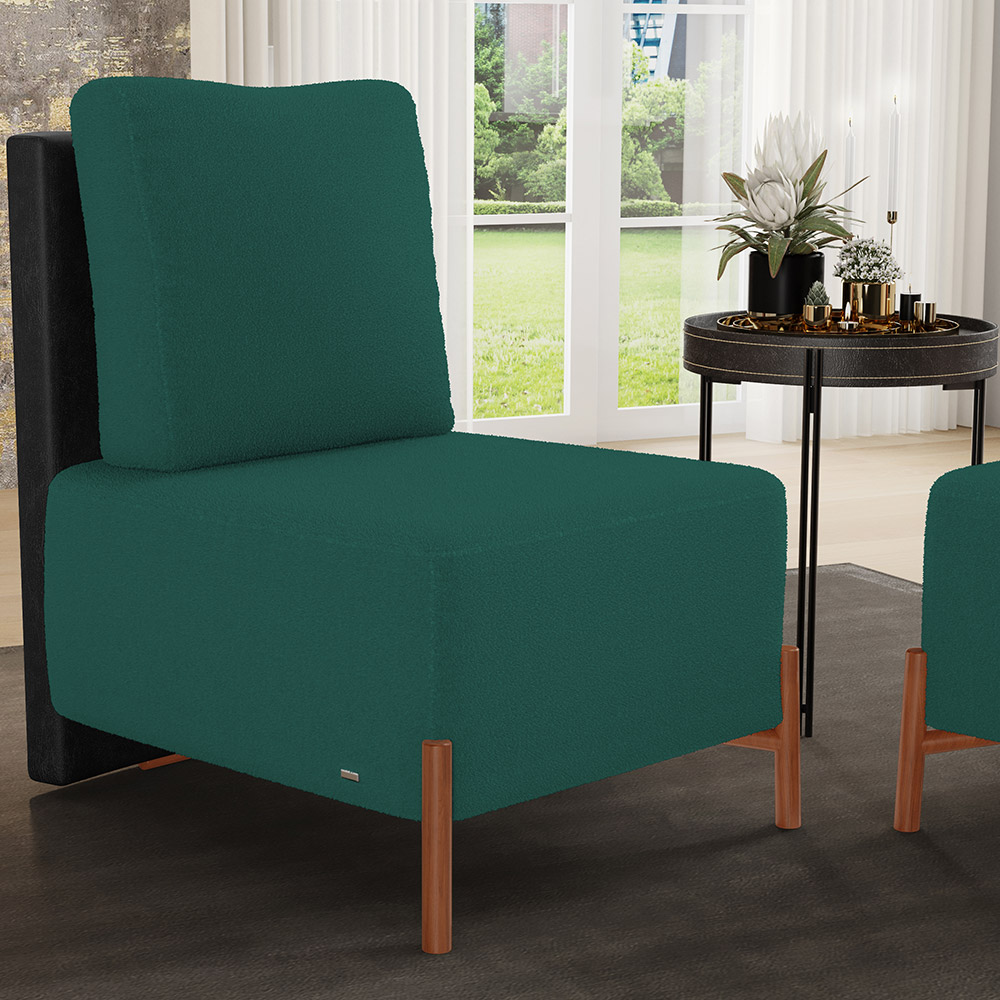 Poltrona Decorativa Sala Estar Living Pés Madeira Hungria L02 Couríssimo Preto Bouclê Verde - Lyam