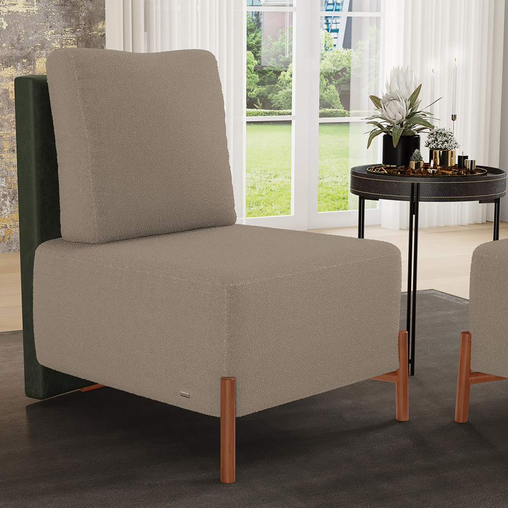Poltrona Decorativa Sala Estar Living Pés Madeira Hungria L02 Couríssimo Verde Bouclê Bege - Lyam
