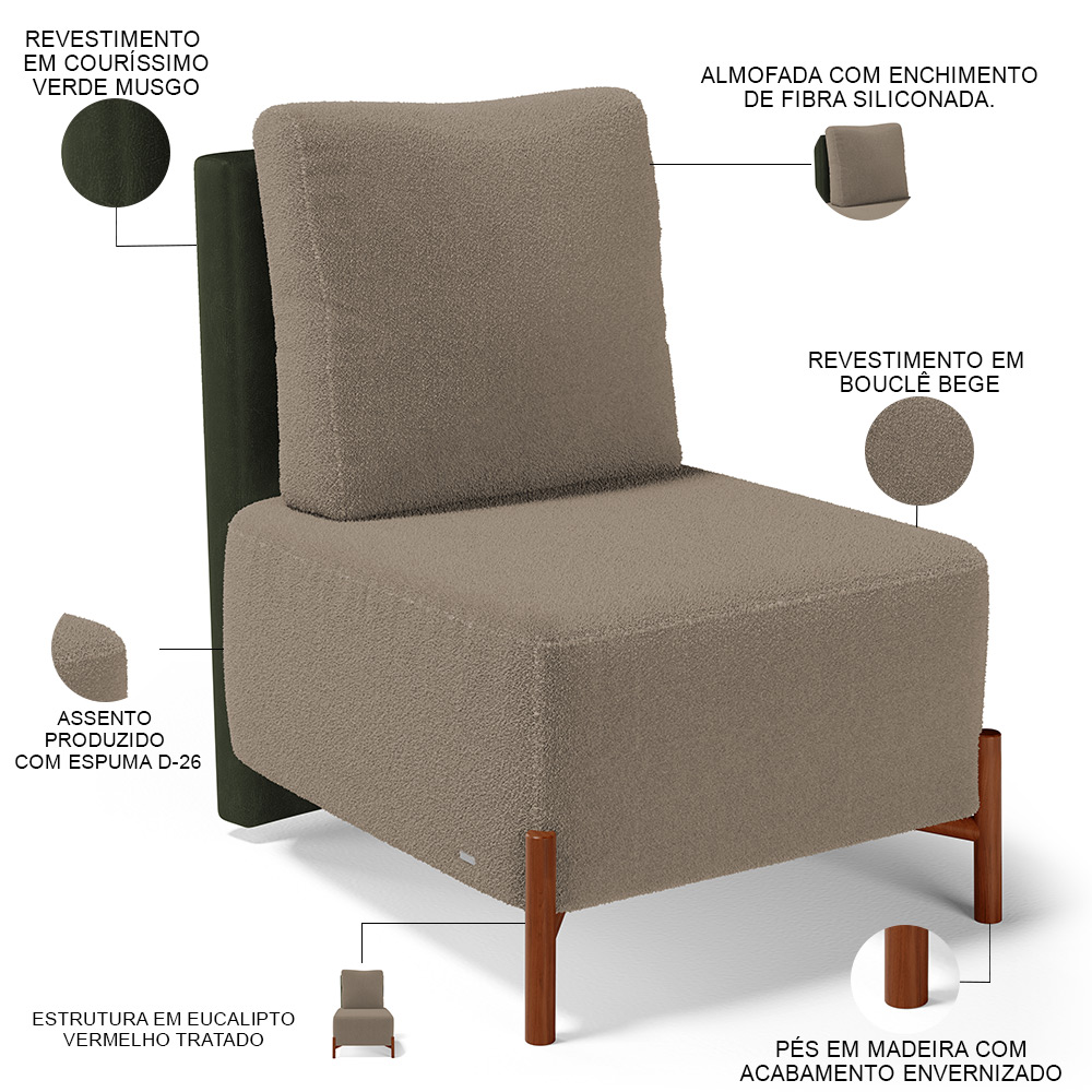 Poltrona Decorativa Sala Estar Living Pés Madeira Hungria L02 Couríssimo Verde Bouclê Bege - Lyam