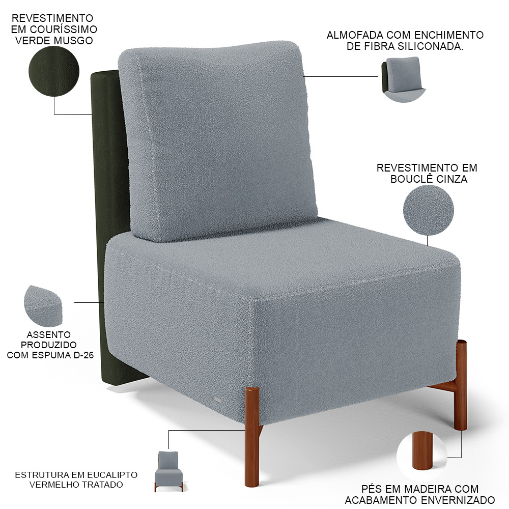 Poltrona Decorativa Sala Estar Living Pés Madeira Hungria L02 Couríssimo Verde Bouclê Cinza - Lyam