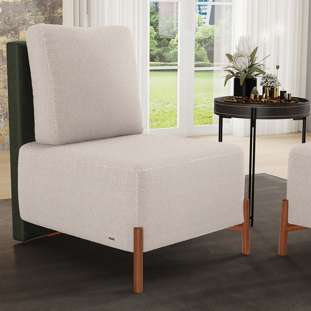 Poltrona Decorativa Sala Estar Living Pés Madeira Hungria L02 Couríssimo Verde Bouclê Creme - Lyam