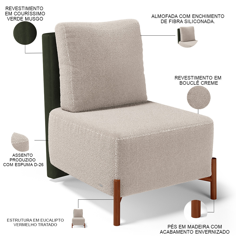 Poltrona Decorativa Sala Estar Living Pés Madeira Hungria L02 Couríssimo Verde Bouclê Creme - Lyam