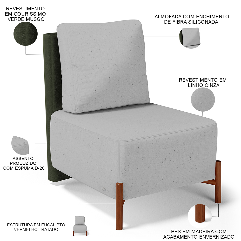 Poltrona Decorativa Sala Estar Living Pés Madeira Hungria L02 Couríssimo Verde Linho Cinza - Lyam