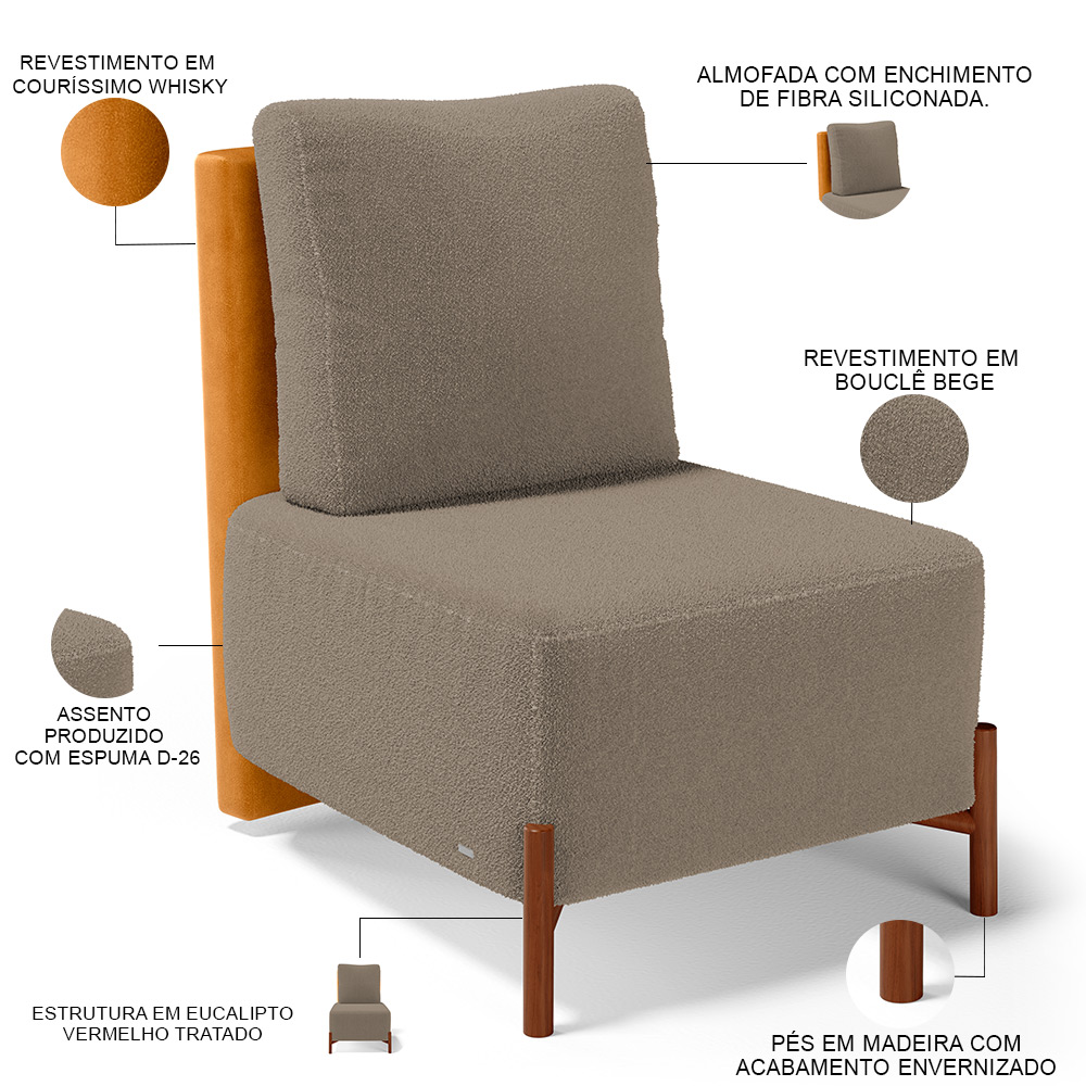 Poltrona Decorativa Sala Estar Living Pés Madeira Hungria L02 Couríssimo Whisky Bouclê Bege - Lyam