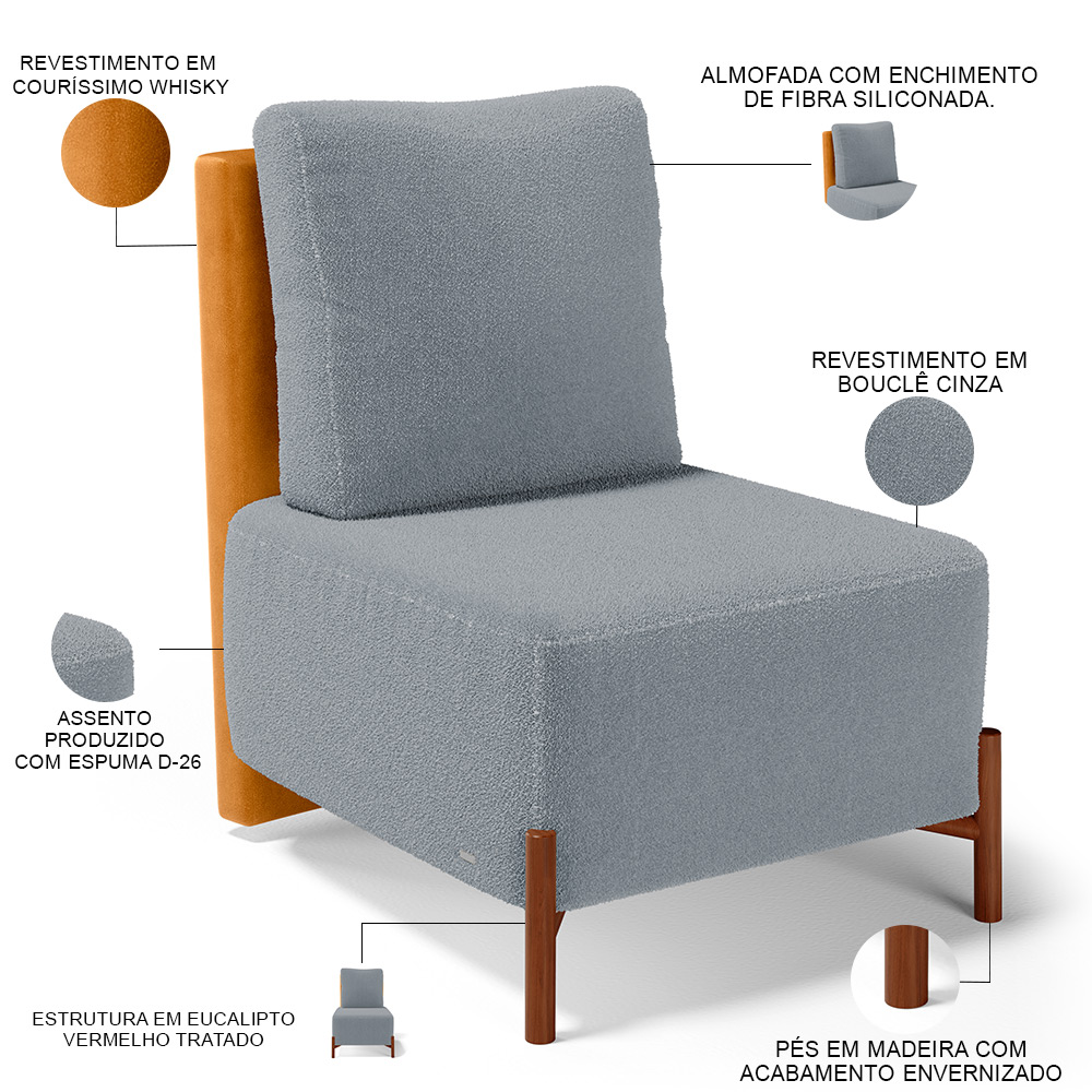 Poltrona Decorativa Sala Estar Living Pés Madeira Hungria L02 Couríssimo Whisky Bouclê Cinza - Lyam