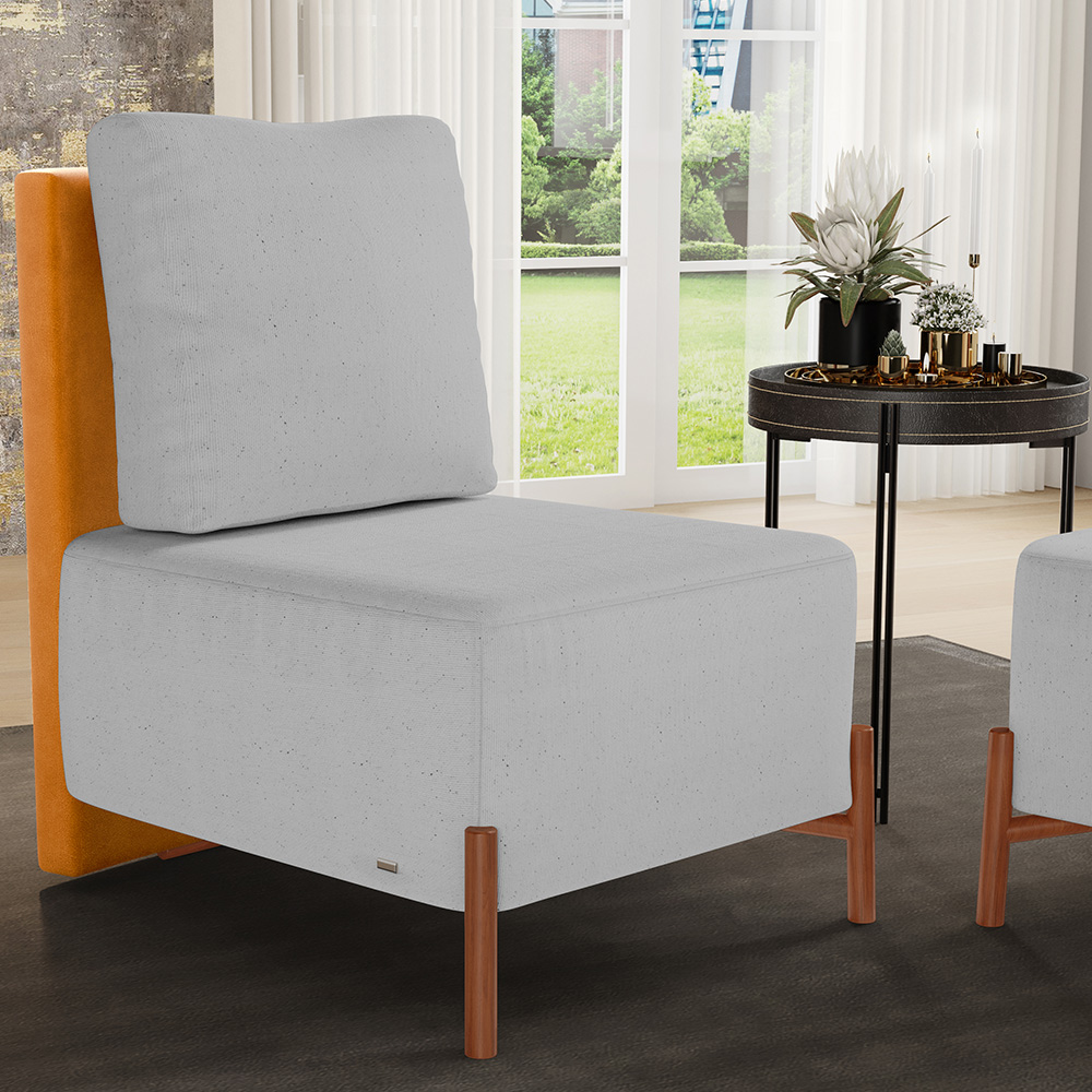 Poltrona Decorativa Sala Estar Living Pés Madeira Hungria L02 Couríssimo Whisky Linho Cinza - Lyam