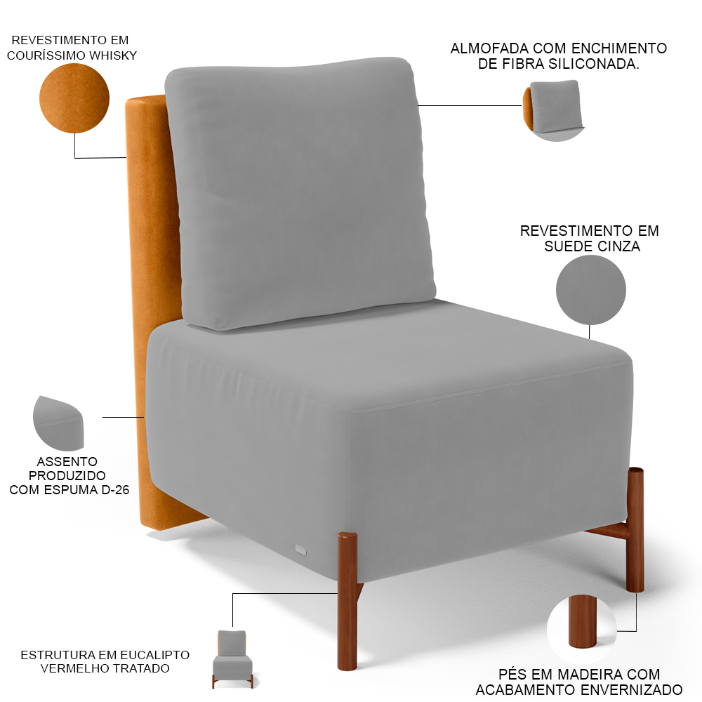 Poltrona Decorativa Sala Estar Living Pés Madeira Hungria L02 Couríssimo Whisky Suede Cinza - Lyam