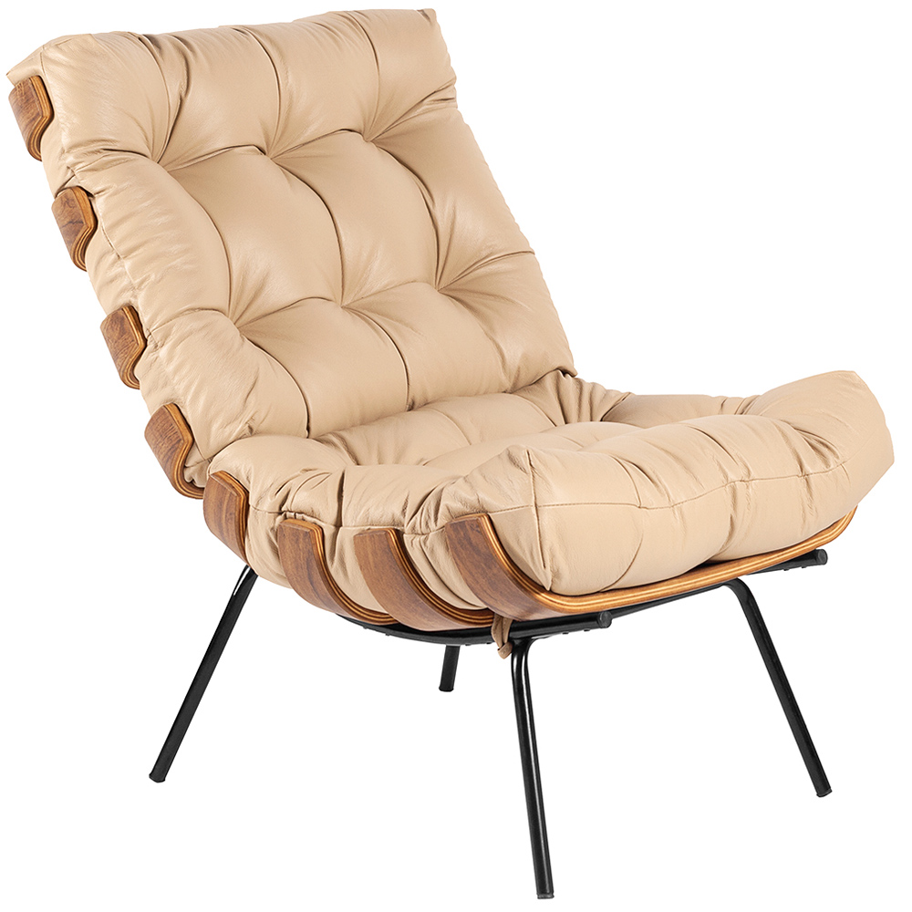 Poltrona Decorativa Sala de Estar Costela L04 Couro Bege - Lyam Decor