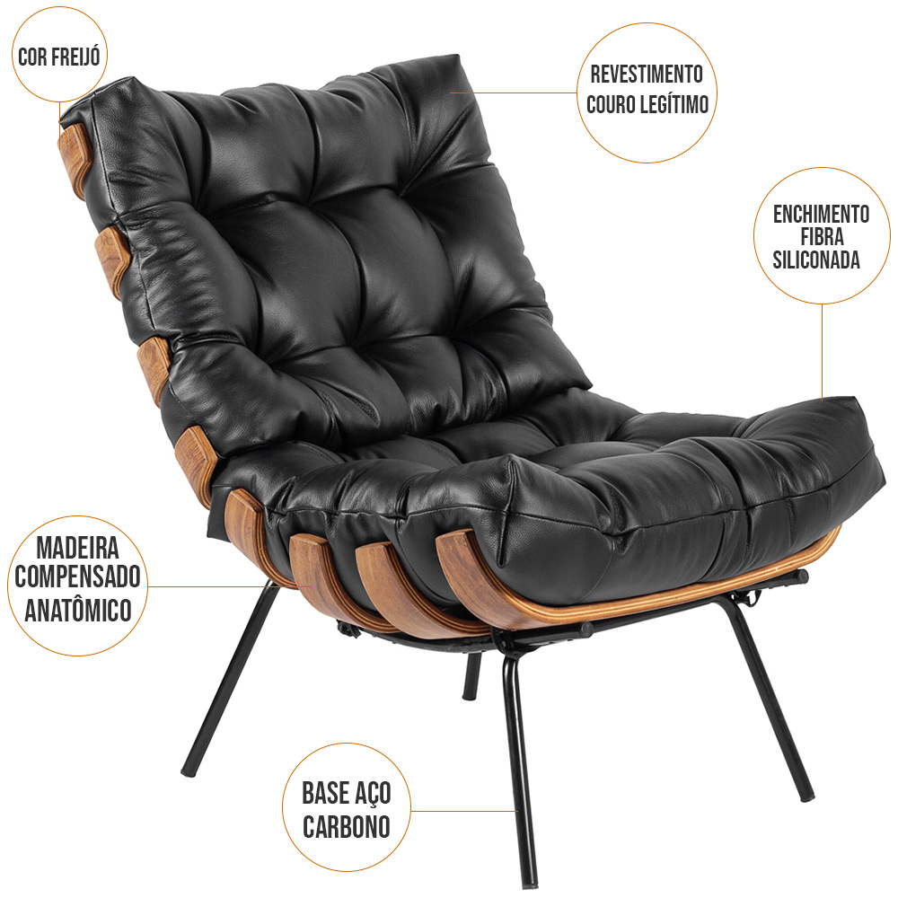 Poltrona Decorativa Sala de Estar Costela L04 Couro Preto - Lyam Decor