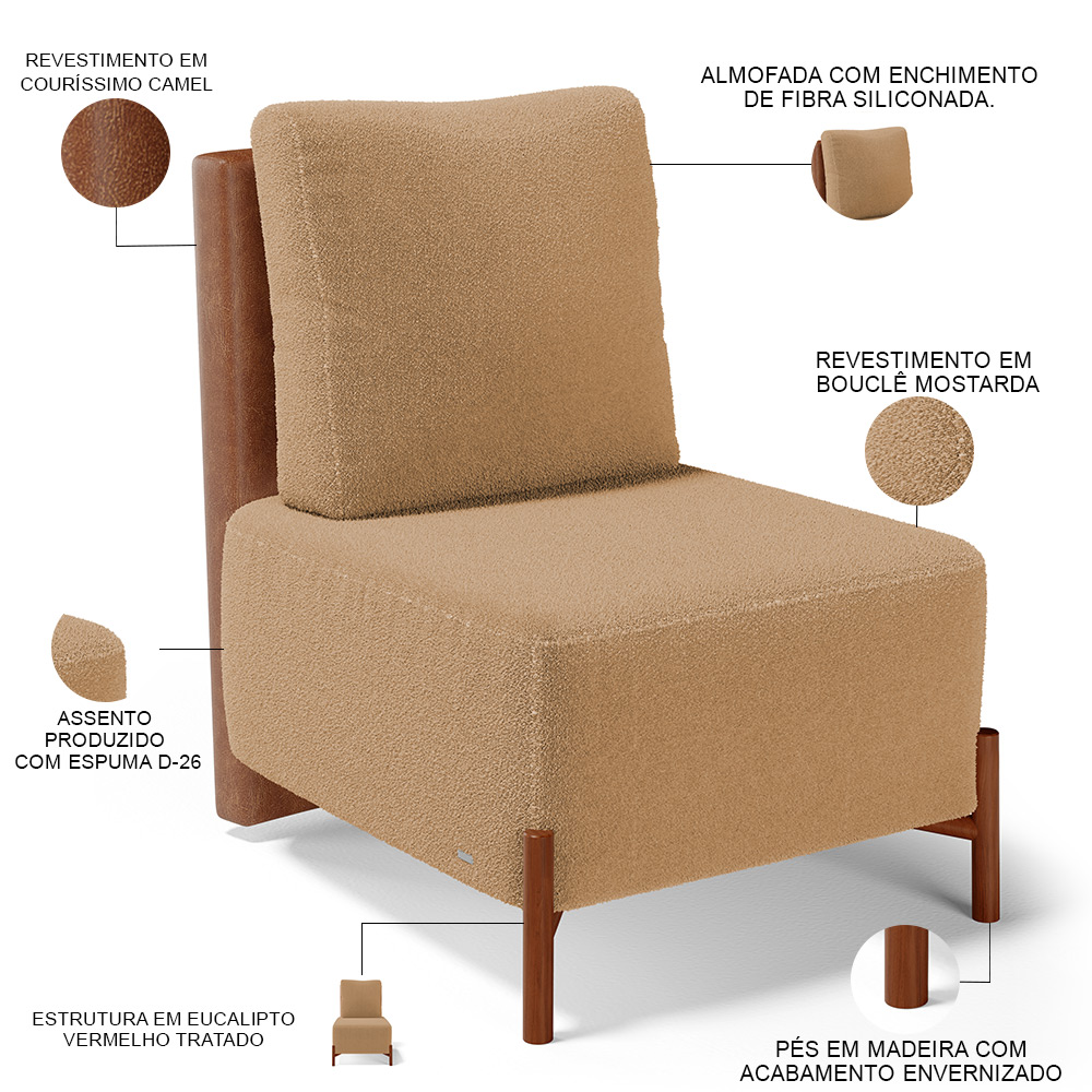 Poltrona Decorativa Sala de Estar Living Hungria L02 Couríssimo Camel Bouclê Mostarda - Lyam