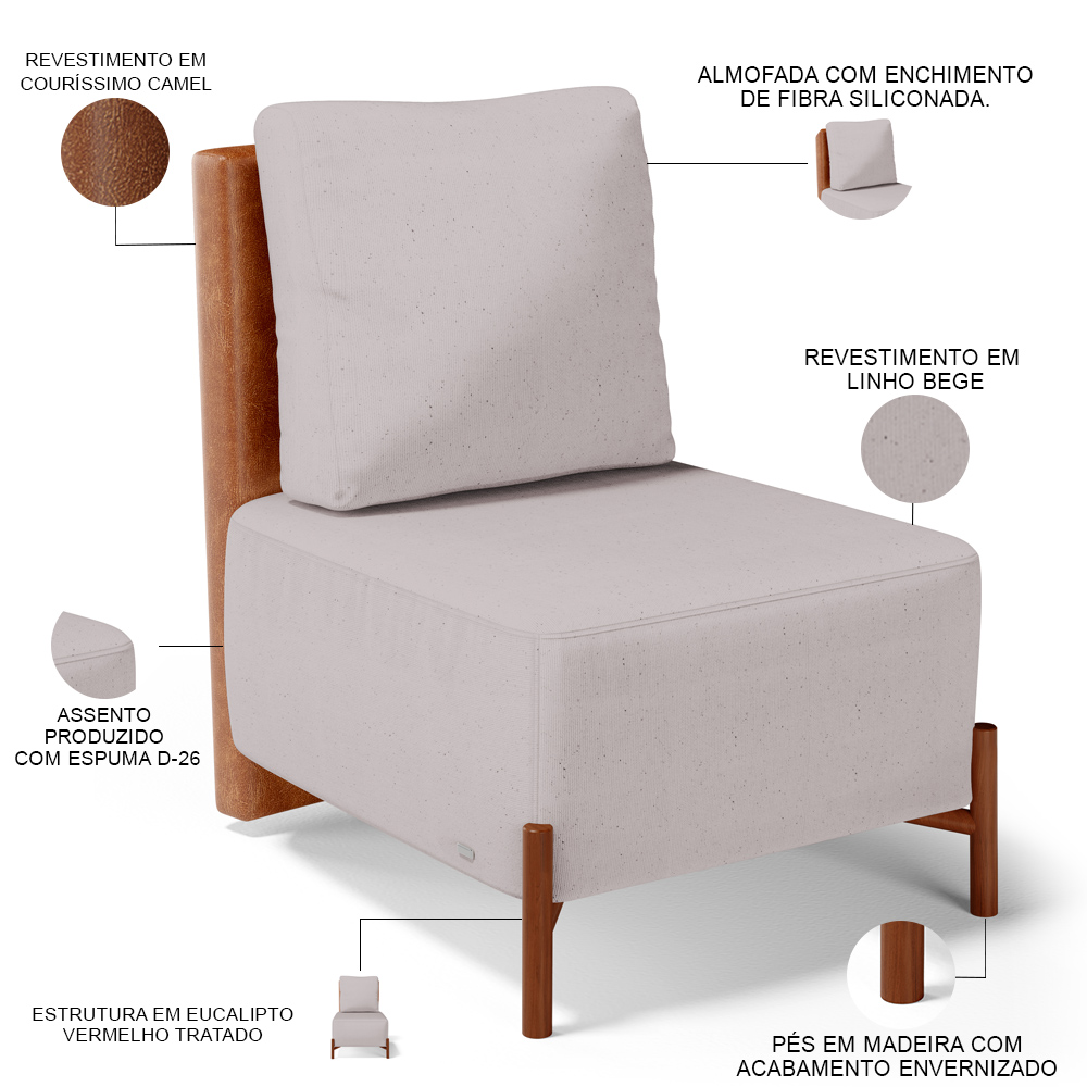 Poltrona Decorativa Sala de Estar Living Pés Madeira Hungria L02 Couríssimo Camel Linho Bege - Lyam