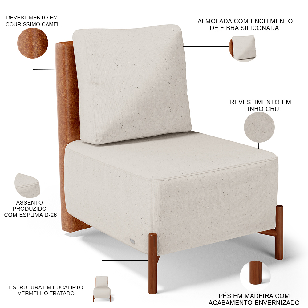 Poltrona Decorativa Sala de Estar Living Pés Madeira Hungria L02 Couríssimo Camel Linho Cru - Lyam