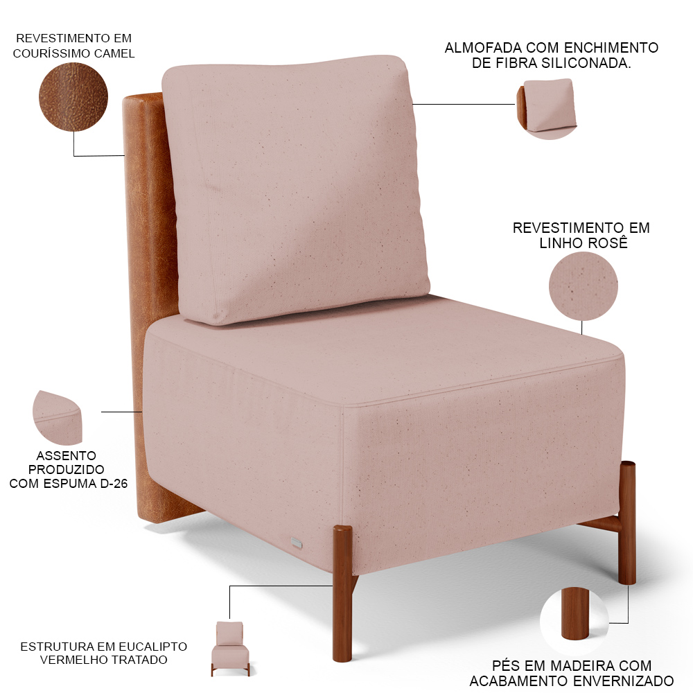 Poltrona Decorativa Sala de Estar Living Pés Madeira Hungria L02 Couríssimo Camel Linho Rosê - Lyam