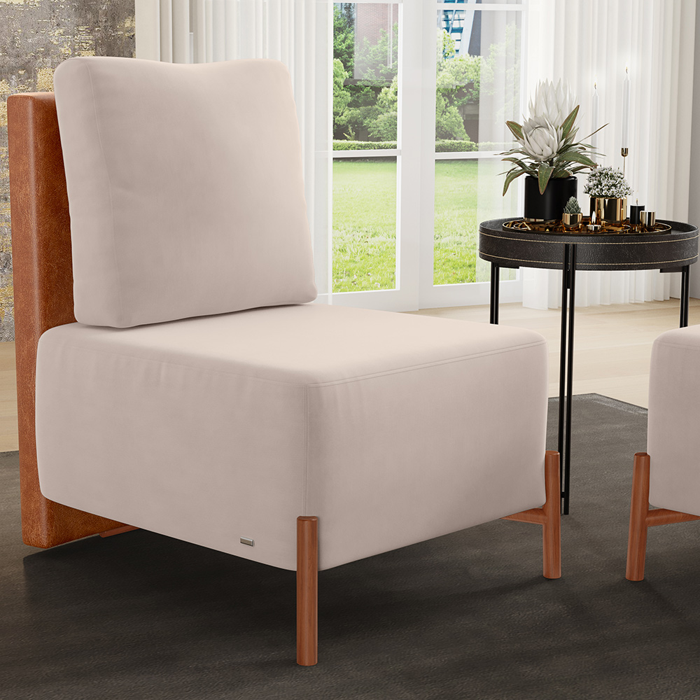 Poltrona Decorativa Sala de Estar Living Pés Madeira Hungria L02 Couríssimo Camel Suede Bege - Lyam