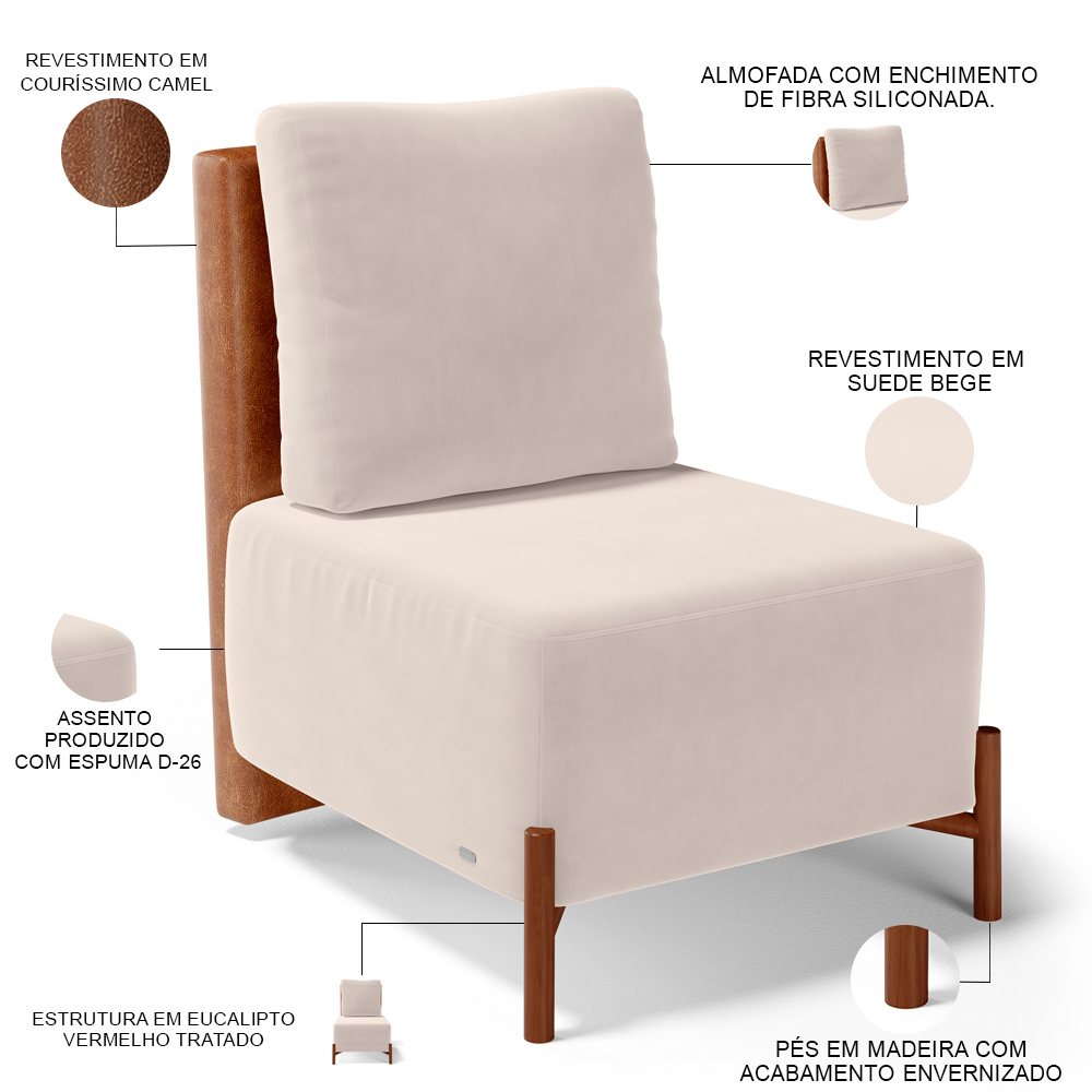 Poltrona Decorativa Sala de Estar Living Pés Madeira Hungria L02 Couríssimo Camel Suede Bege - Lyam