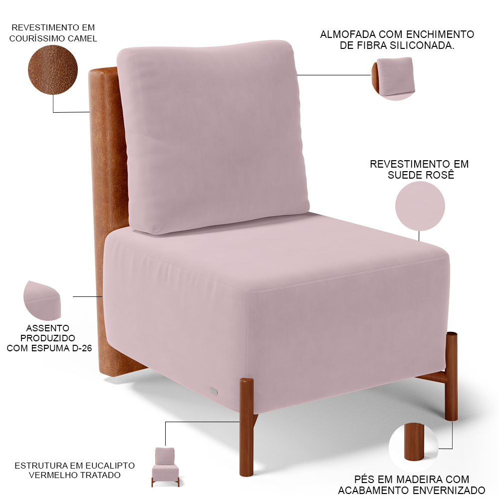 Poltrona Decorativa Sala de Estar Living Pés Madeira Hungria L02 Couríssimo Camel Suede Rosê - Lyam