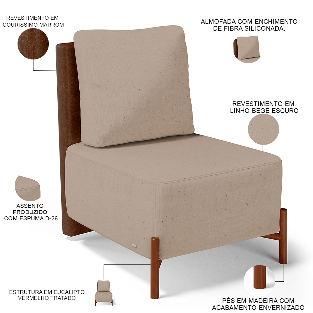 Poltrona Decorativa Sala de Estar Living Pés Madeira Hungria L02 Couríssimo Marrom Linho Bege Escuro - Lyam