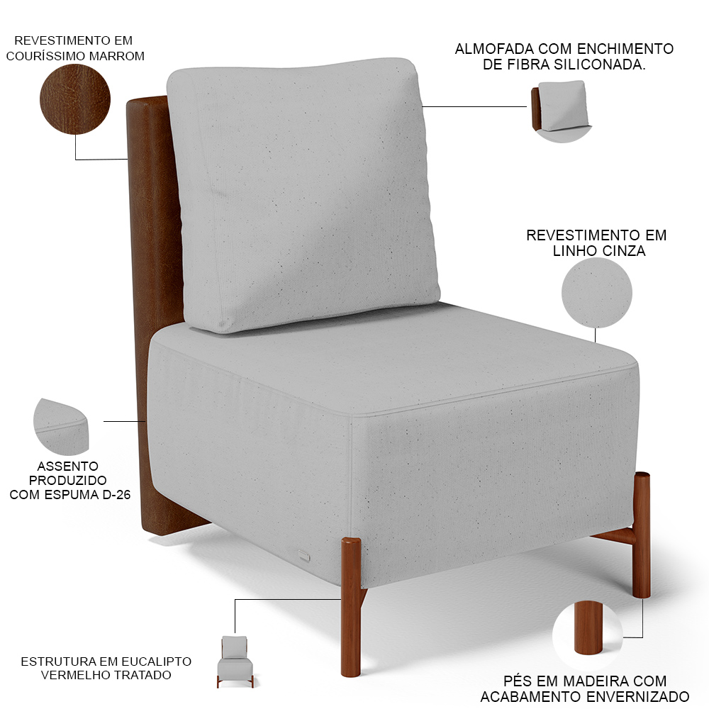 Poltrona Decorativa Sala de Estar Living Pés Madeira Hungria L02 Couríssimo Marrom Linho Cinza - Lyam