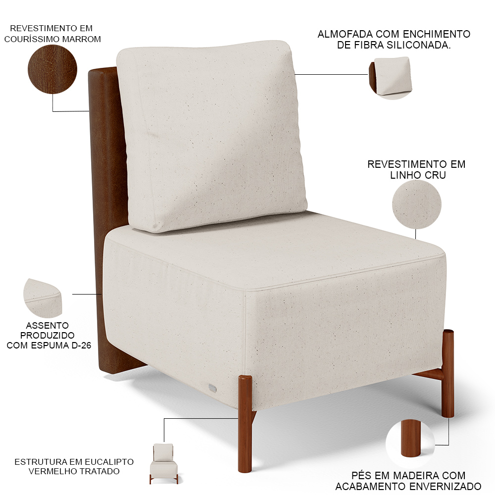 Poltrona Decorativa Sala de Estar Living Pés Madeira Hungria L02 Couríssimo Marrom Linho Cru - Lyam