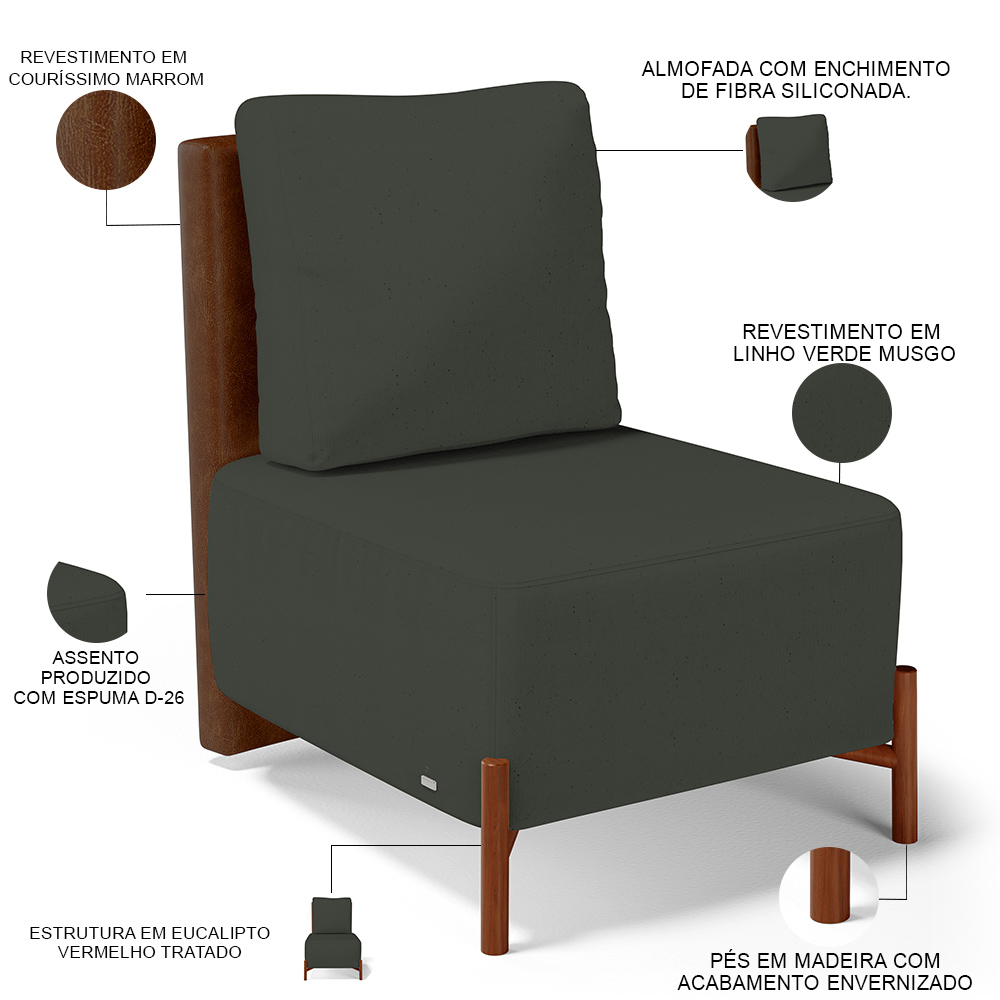 Poltrona Decorativa Sala de Estar Living Pés Madeira Hungria L02 Couríssimo Marrom Linho Verde Musgo - Lyam