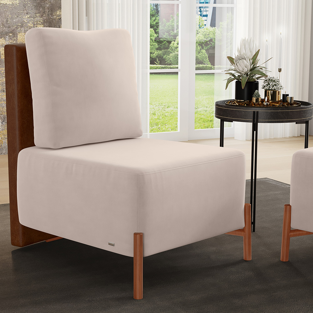 Poltrona Decorativa Sala de Estar Living Pés Madeira Hungria L02 Couríssimo Marrom Suede Bege - Lyam