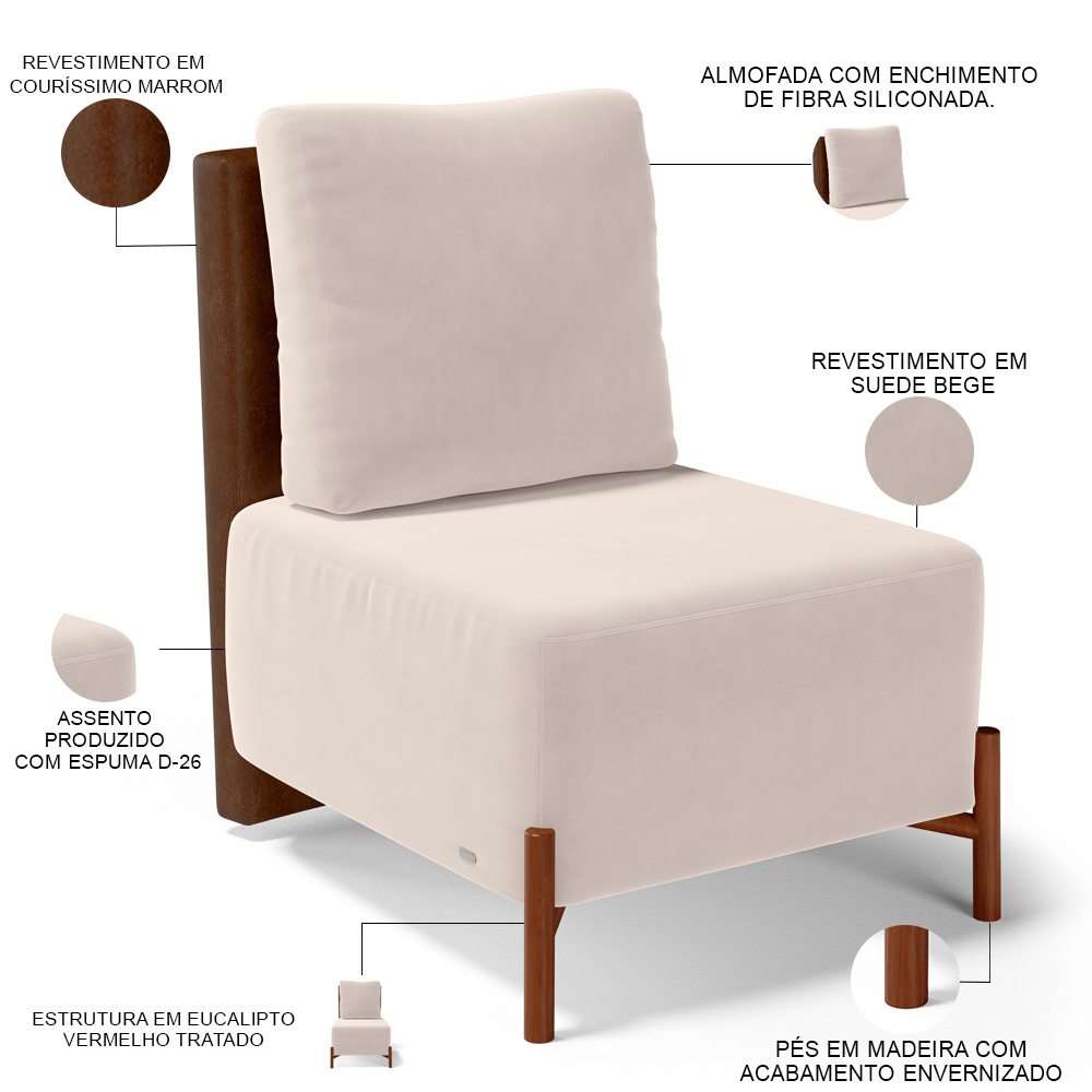 Poltrona Decorativa Sala de Estar Living Pés Madeira Hungria L02 Couríssimo Marrom Suede Bege - Lyam