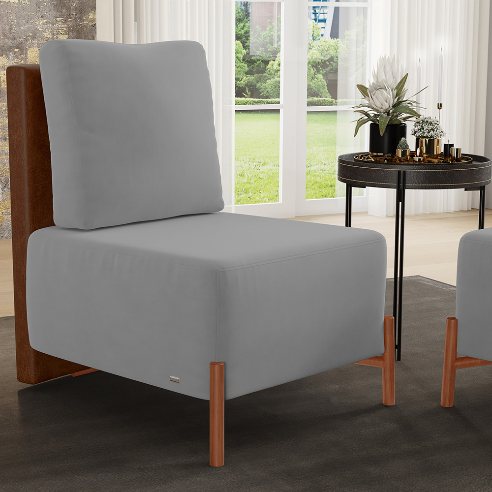 Poltrona Decorativa Sala de Estar Living Pés Madeira Hungria L02 Couríssimo Marrom Suede Cinza - Lyam
