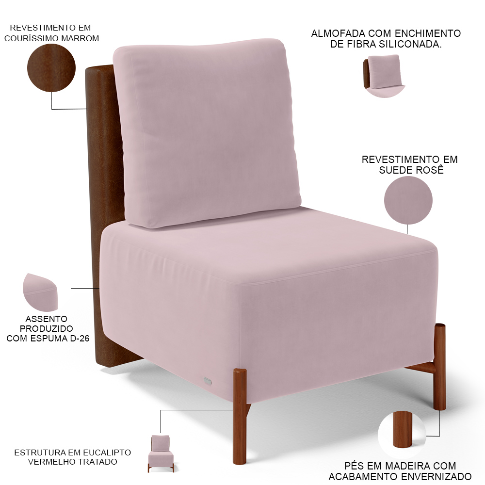 Poltrona Decorativa Sala de Estar Living Pés Madeira Hungria L02 Couríssimo Marrom Suede Rosê - Lyam