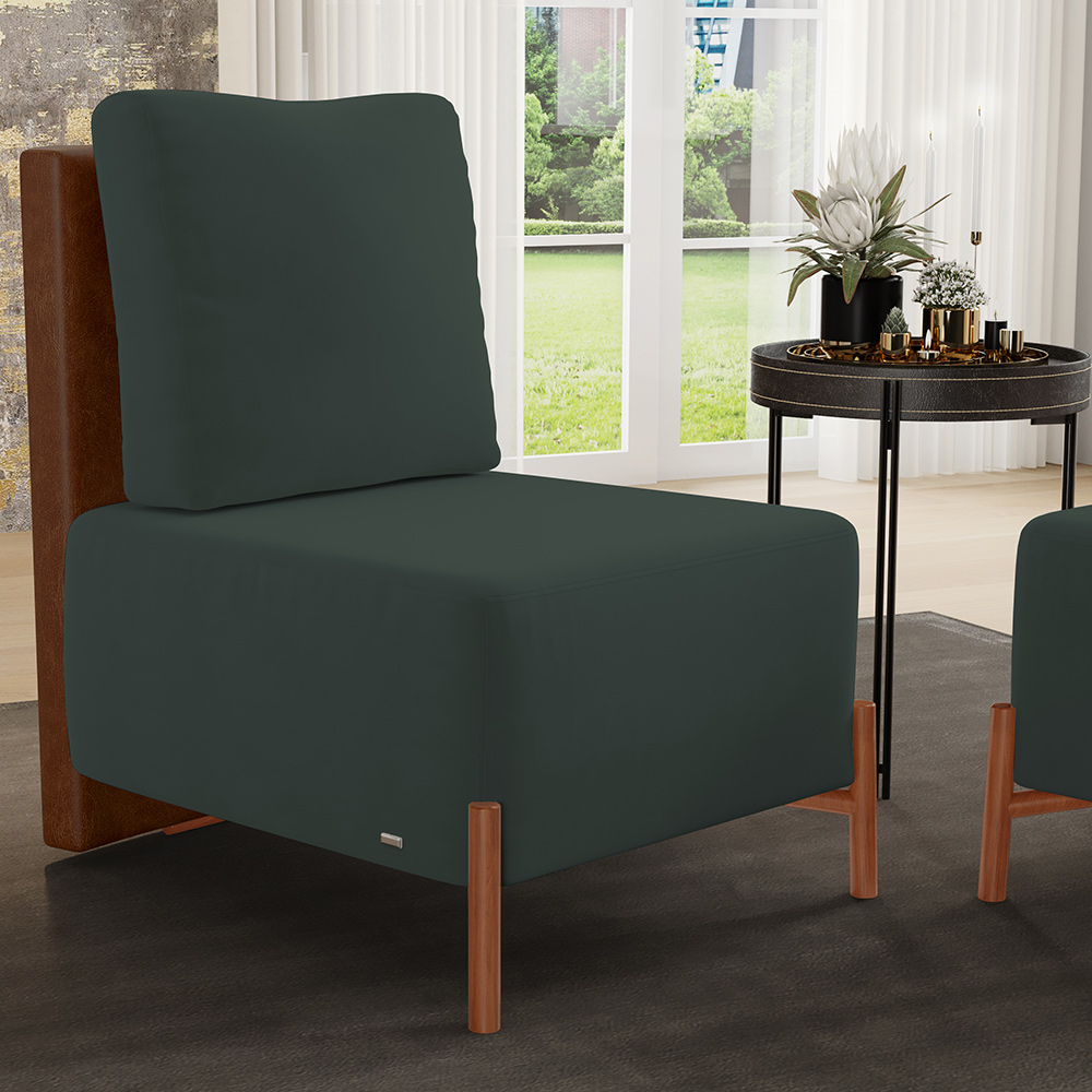 Poltrona Decorativa Sala de Estar Living Pés Madeira Hungria L02 Couríssimo Marrom Suede Verde Musgo - Lyam