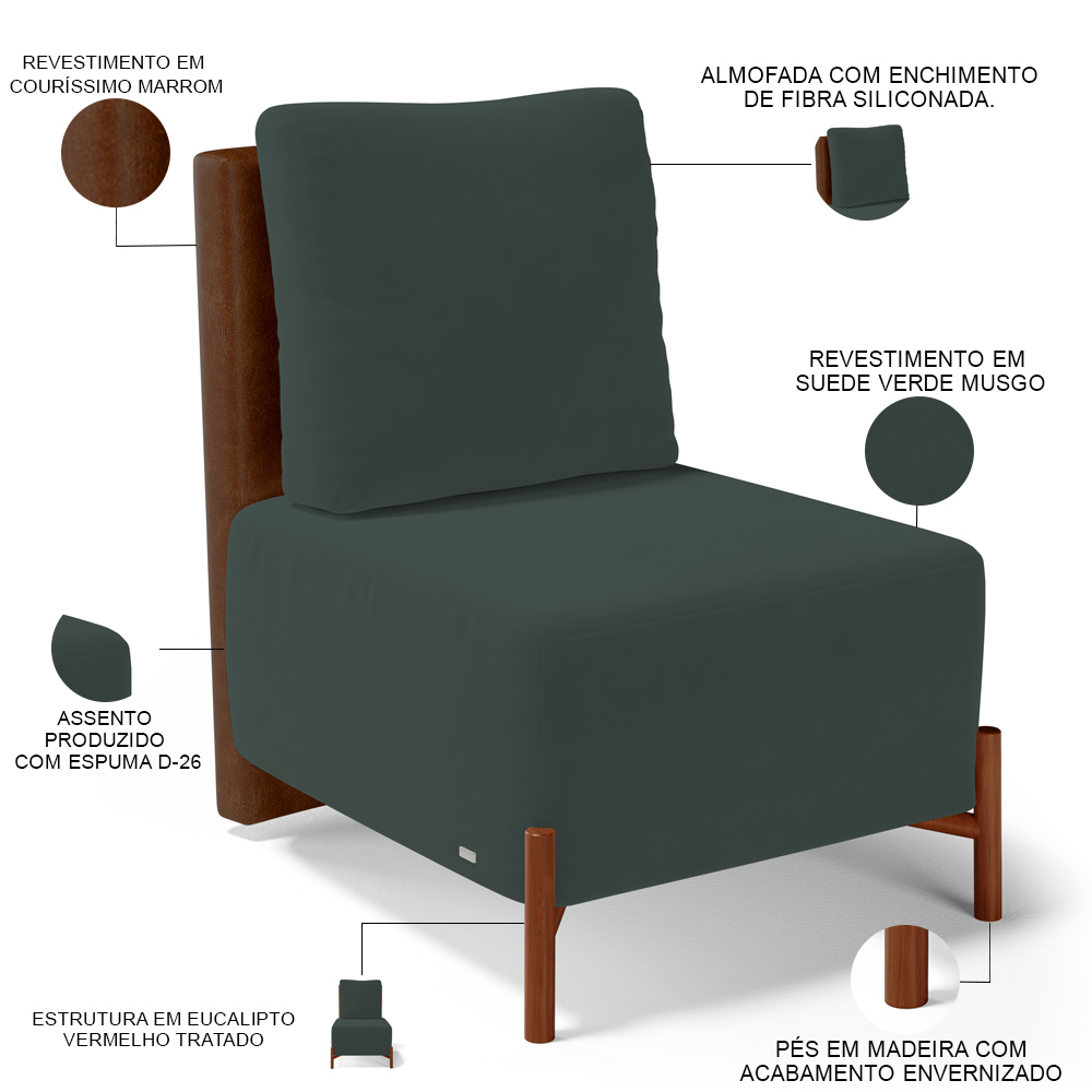 Poltrona Decorativa Sala de Estar Living Pés Madeira Hungria L02 Couríssimo Marrom Suede Verde Musgo - Lyam