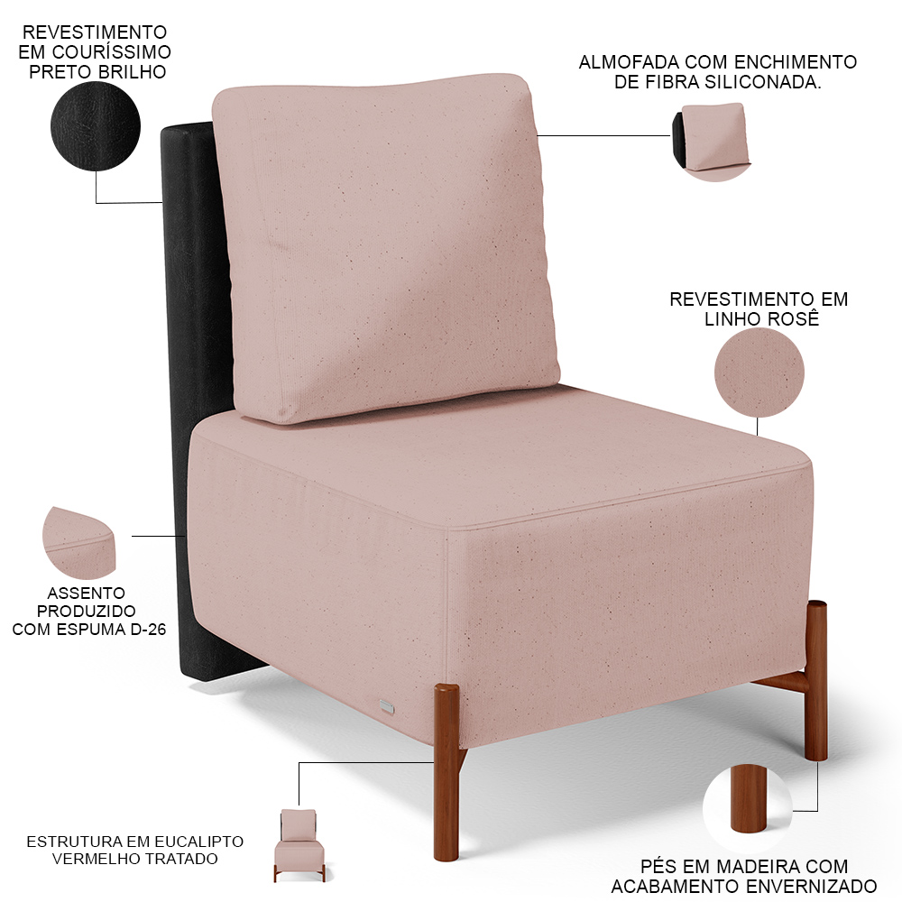 Poltrona Decorativa Sala de Estar Living Pés Madeira Hungria L02 Couríssimo Preto Linho Rosê - Lyam