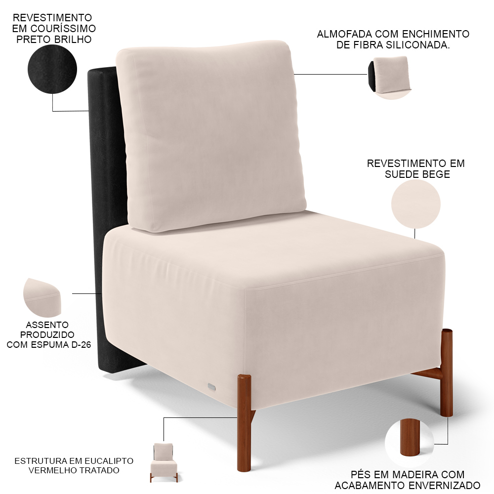 Poltrona Decorativa Sala de Estar Living Pés Madeira Hungria L02 Couríssimo Preto Suede Bege - Lyam