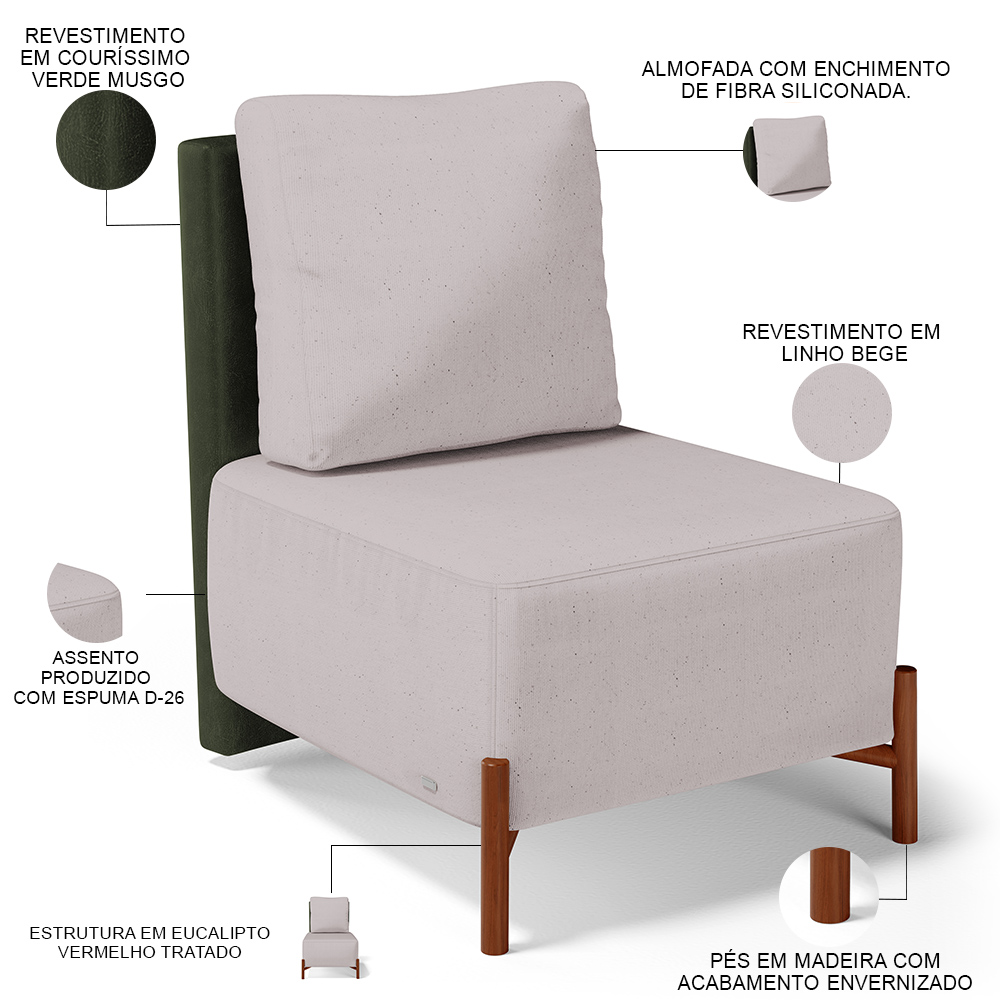 Poltrona Decorativa Sala de Estar Living Pés Madeira Hungria L02 Couríssimo Verde Linho Bege - Lyam