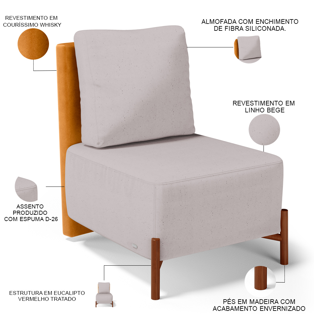 Poltrona Decorativa Sala de Estar Living Pés Madeira Hungria L02 Couríssimo Whisky Linho Bege - Lyam