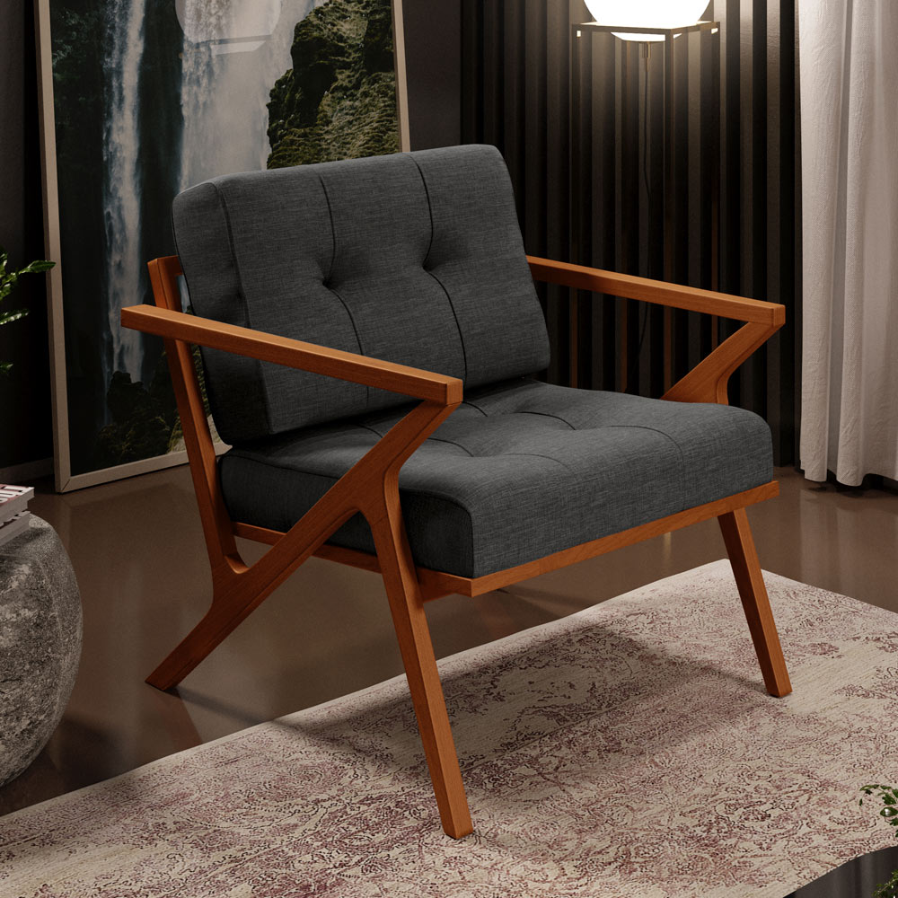 Poltrona Decorativa Sala de Estar com Cintas de Corano Laís B04 Linho Chumbo - Lyam Decor