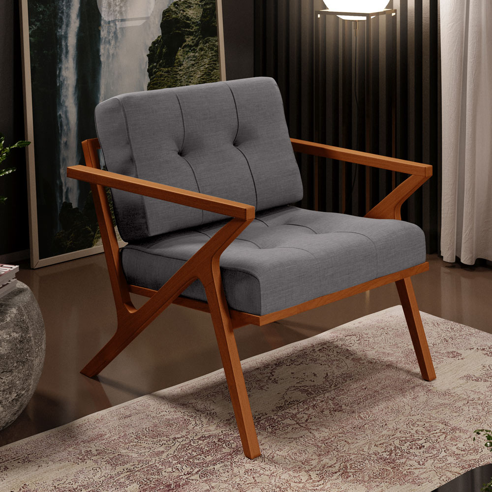 Poltrona Decorativa Sala de Estar com Cintas de Corano Laís B04 Linho Cinza Escuro - Lyam Decor