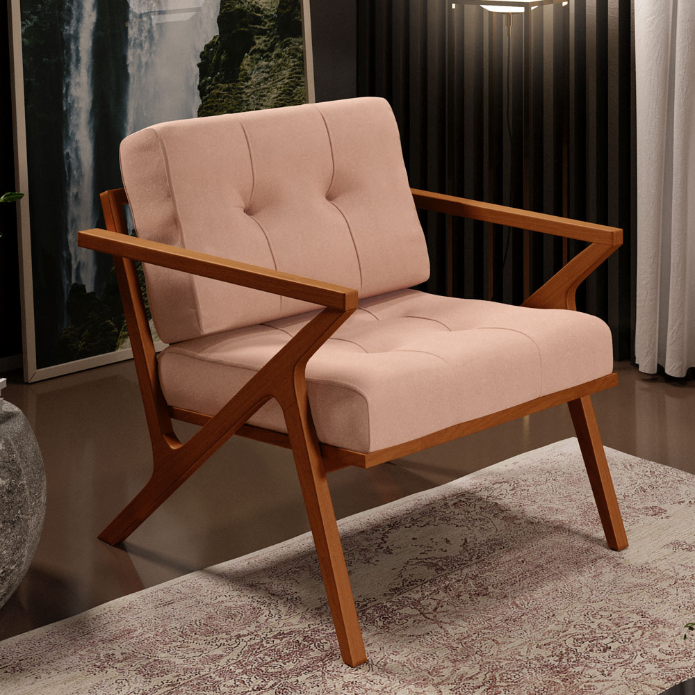 Poltrona Decorativa Sala de Estar com Cintas de Corano Laís B04 Linho Rosê - Lyam Decor