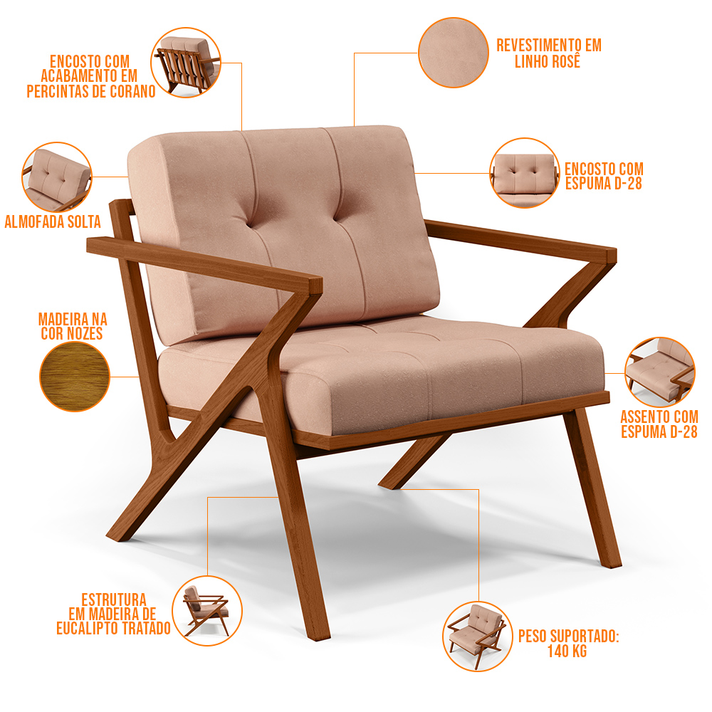 Poltrona Decorativa Sala de Estar com Cintas de Corano Laís B04 Linho Rosê - Lyam Decor