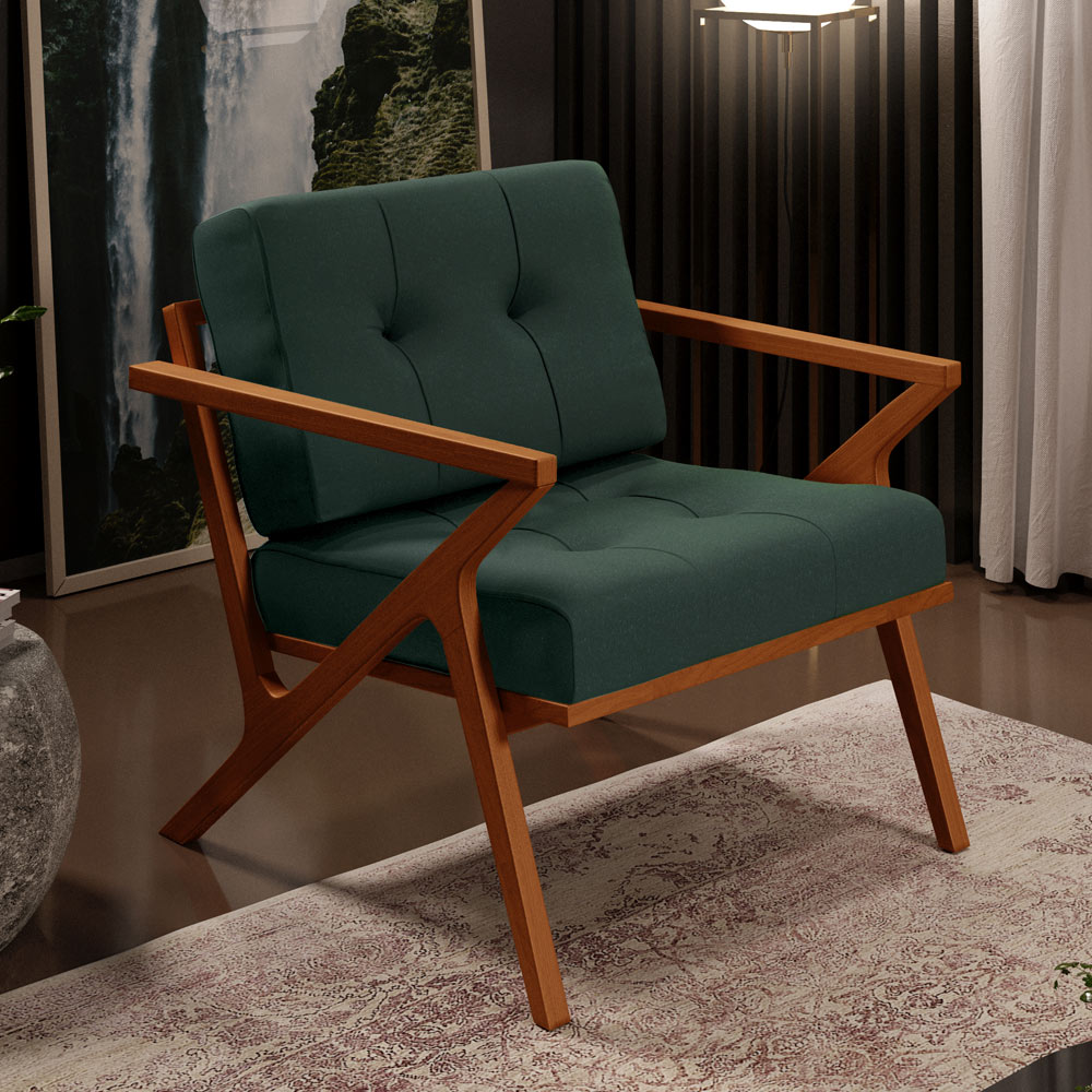 Poltrona Decorativa Sala de Estar com Cintas de Corano Laís B04 Linho Verde Musgo - Lyam Decor