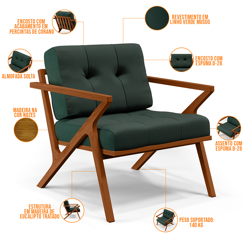 Poltrona Decorativa Sala de Estar com Cintas de Corano Laís B04 Linho Verde Musgo - Lyam Decor