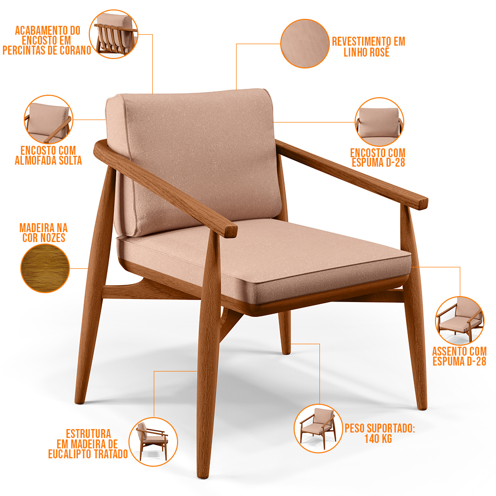 Poltrona Decorativa Sala de Estar com Cintas de Corano Lavínia B04 Linho Rosê - Lyam Decor