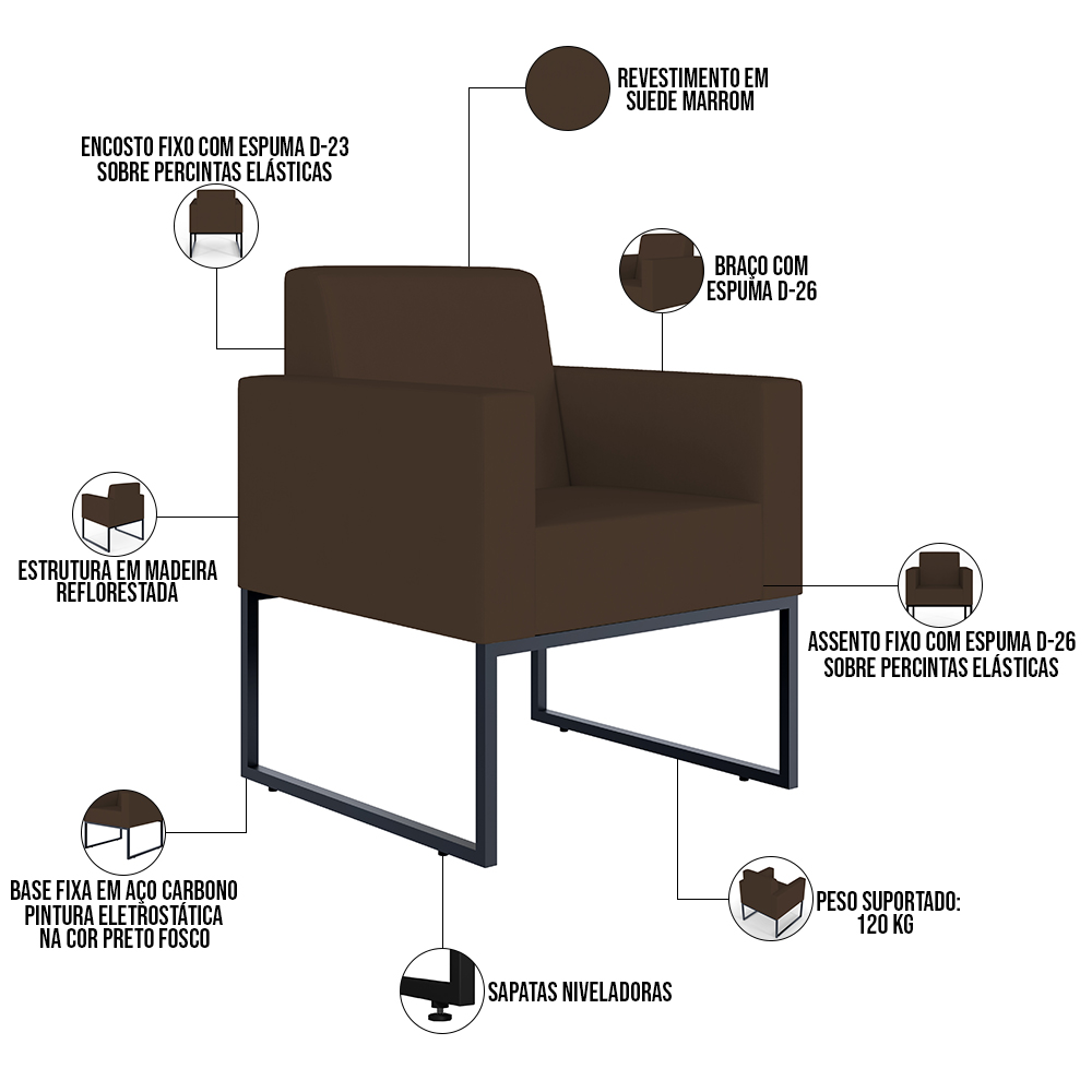 Poltrona Decorativa Sala de Estar e Recepção Base Fixa De Metal Helô L02 Suede Marrom - Lyam Decor