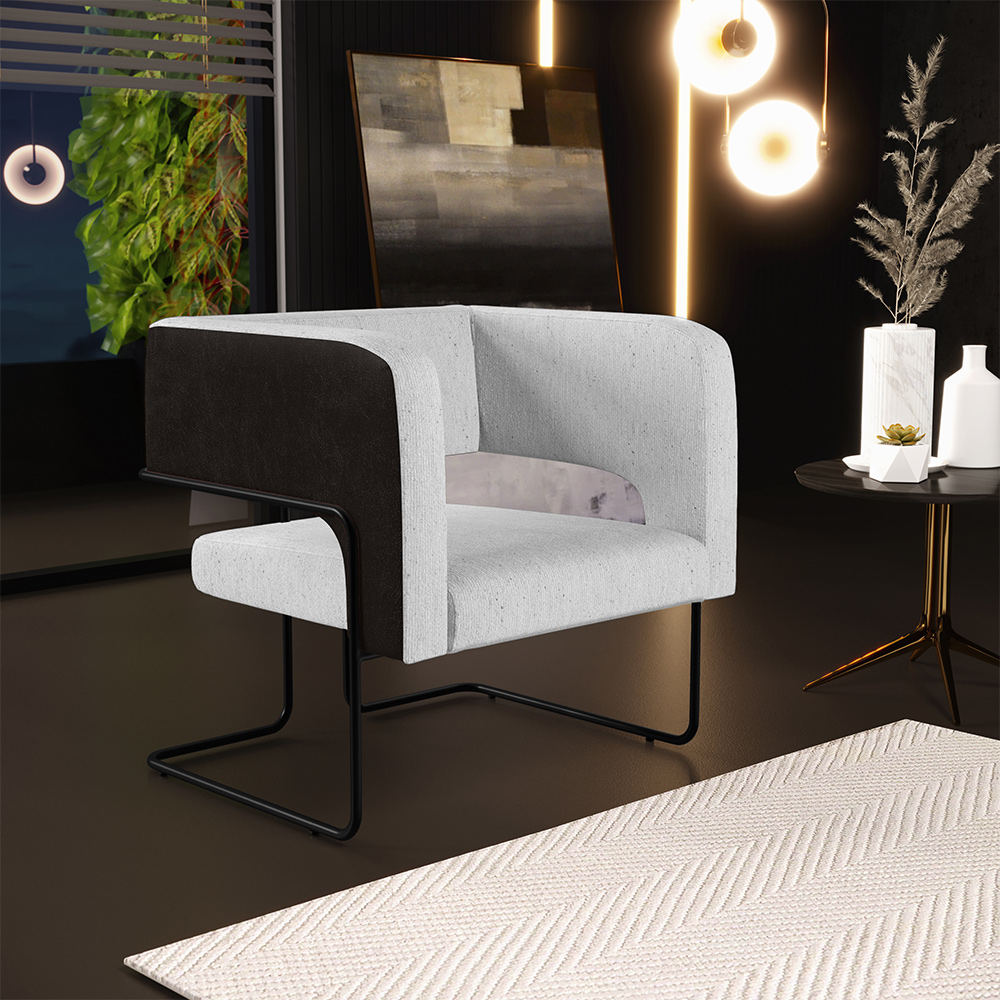 Poltrona Decorativa Scarlett D02 Base Aço Preto Corano Preto C-05 Linho Cinza D-315 - Lyam Decor