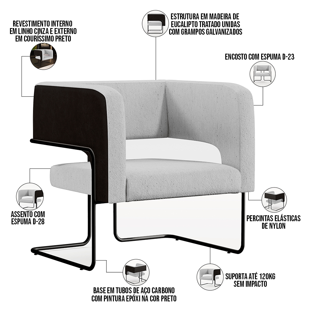 Poltrona Decorativa Scarlett D02 Base Aço Preto Corano Preto C-05 Linho Cinza D-315 - Lyam Decor