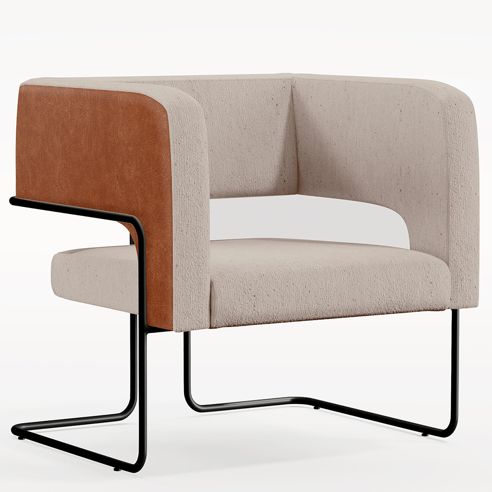 Poltrona Decorativa Scarlett D02 Base Aço Preto Couríssimo Camel B-14 Linho Bege C-107 - Lyam Decor