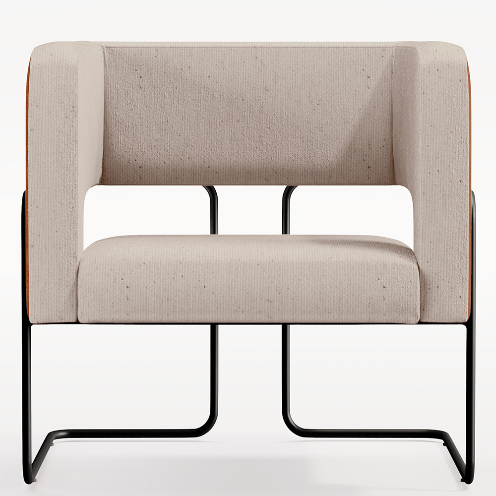 Poltrona Decorativa Scarlett D02 Base Aço Preto Couríssimo Camel B-14 Linho Bege C-107 - Lyam Decor